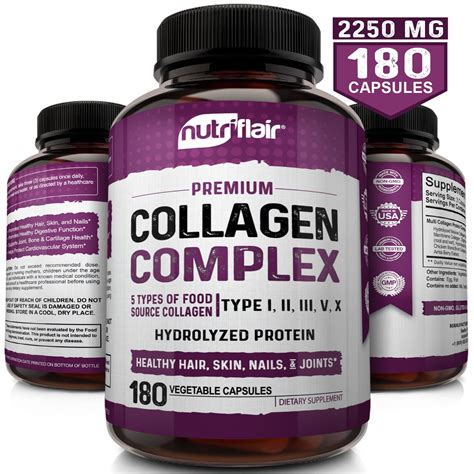 NutriFlair Multi Collagen Peptides Pills - 180 Capsules, 2250MG - Type I, II, III, V, X ...