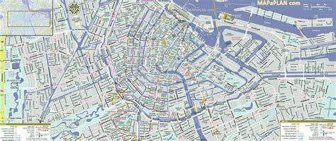 City centre detailed street travel plan with must-see places to visit tram metro lines Amsterdam ...