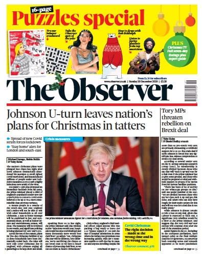 The Observer (UK) Front Page for 20 December 2020 | Paperboy Online Newspapers