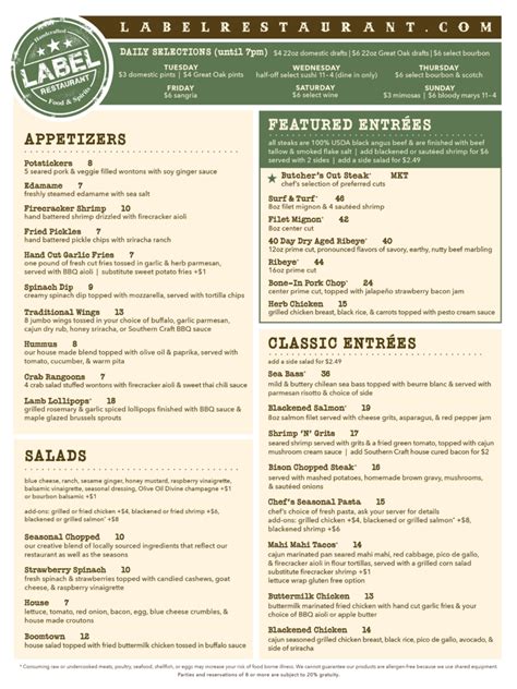 Label Restaurant Menus: Brunch, Lunch & Dinner Johnson City, TN