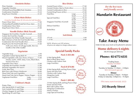 Takeaway and Delivery Menu - The Mandarin Restaurant - Armidale