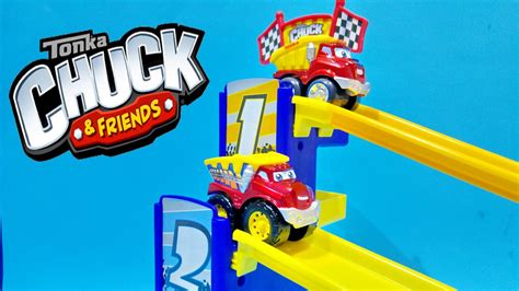 Tonka Chuck & Friends Talking Truck Tower Racing Speedway Playset Truck Toys by Hasbro - YouTube