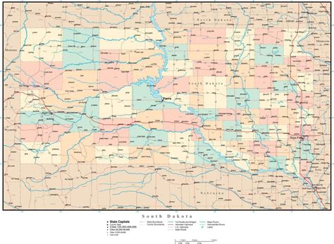 South Dakota Adobe Illustrator Map with Counties, Cities, County Seats ...