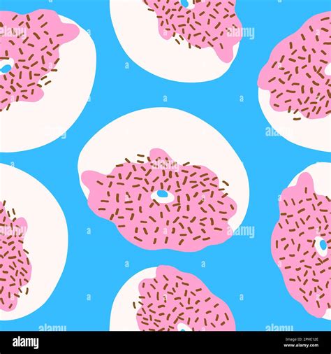 Seamless pattern of donut rings in cartoon flat style. Chocolate balls on a pink cream with ...
