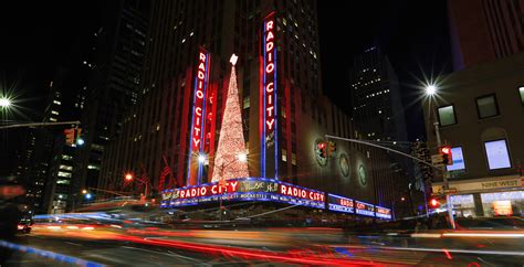 New York City, USA- January 1, 2017: Bright Christmas lights of Radio City Music Hall in New ...