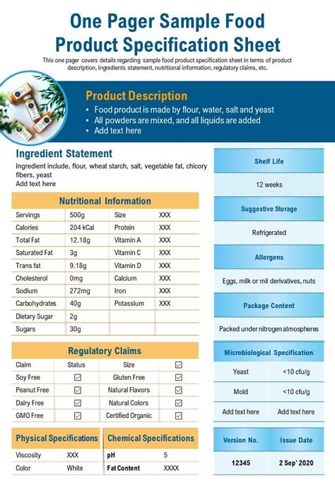 One Pager Sample Food Product Specification Sheet Presentation Report Infographic PPT PDF ...