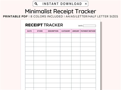 Receipt Tracker Printable Receipt Sheet Receipt Log - Etsy