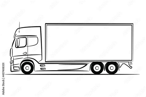 A hand drawn line art of a truck car. Outline Vector truck, lorry, side view. Urban cargo ...