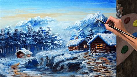 Painting a Snowy Winter Landscape with Village in step by step Acrylic Tutorial - YouTube