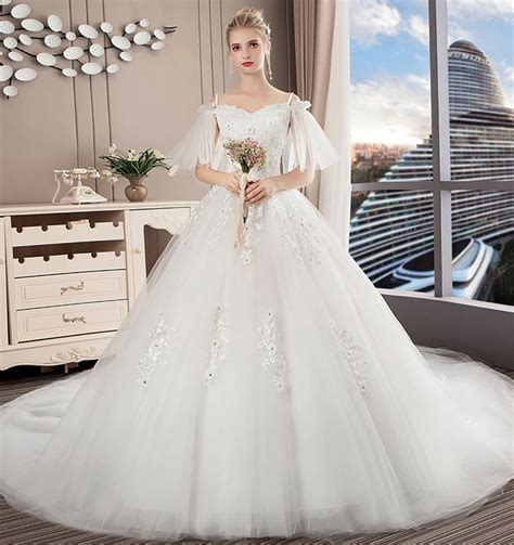 Boat neck Princess Wedding Dress 2019 Luxury Cathedral Train woman ...