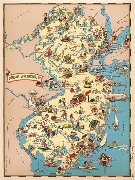 1930's Vintage NEW JERSEY State Map Cartoon Map Print Gallery Wall Art ...