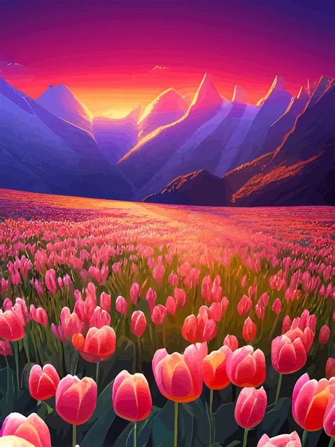 Vector Spring Background. Dutch Landscape with Tulip Field, Trees, Hills, Mountains Stock Vector ...