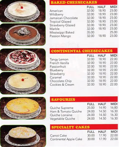 Menu at The Cheese Cake Shop, Wellington