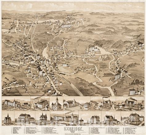 Historical Map, Uxbridge, Mass : 1880, Vintage Wall Art - Historic Pictoric