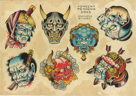 Japanese masks flash | Tattoo by Vincent Penning | Darko's Oneness | Japanese tattoo art ...