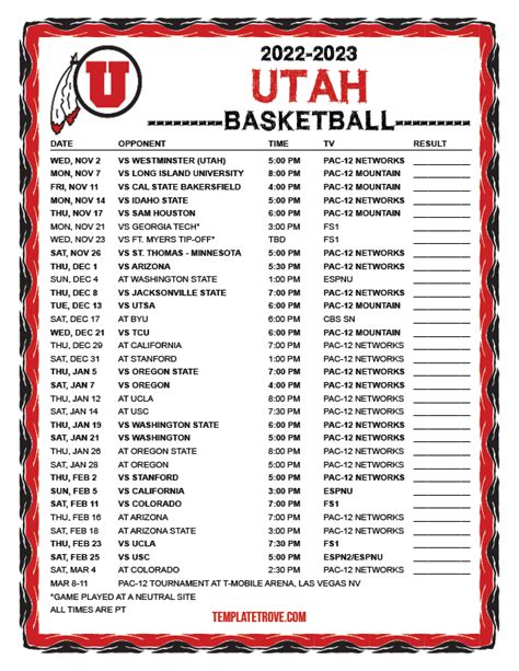 Printable 2022-2023 Utah Utes Basketball Schedule