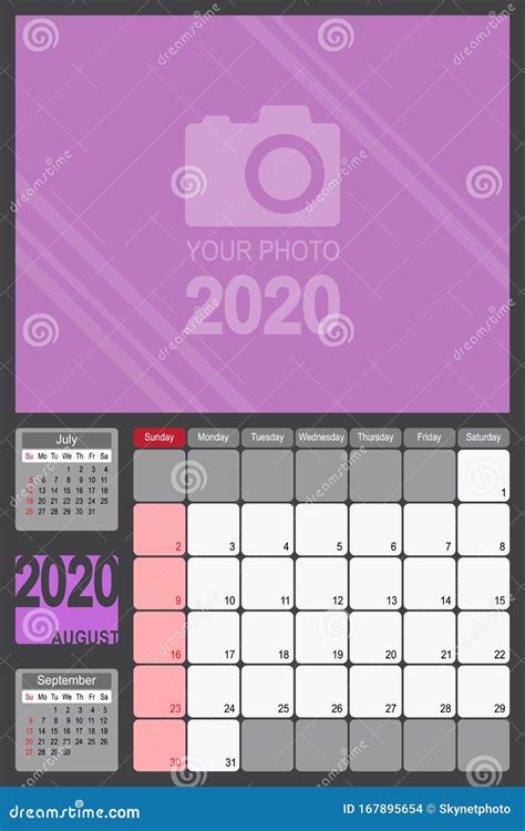 August 2020 Calendar Monthly Planner Design Stock Vector - Illustration ...