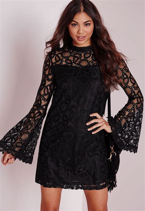 Lyst - Missguided Bell Sleeve Lace Swing Dress Black in Black