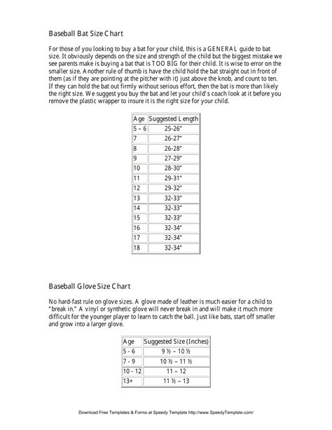 Baseball Bat & Glove Size Chart Download Printable PDF | Templateroller