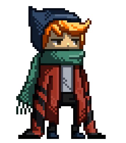 the pixel art character is wearing a hat and scarf