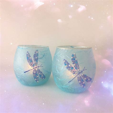 Set of 2 Tea Light Candle Holders.Hand decorated with a Dragonfly ...