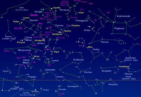 December Constellations In The Night Sky With Star Map