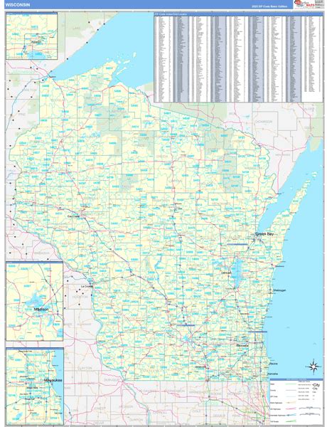 Wisconsin Zip Code Wall Map Basic Style by MarketMAPS - MapSales