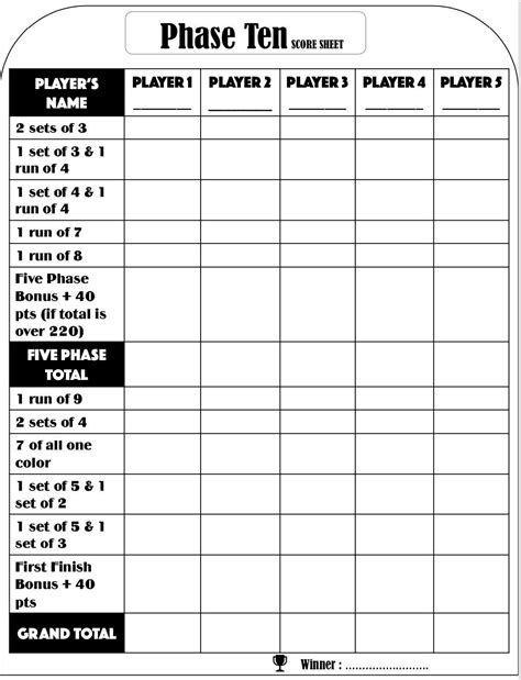 Free Printable Phase 10 Score Sheet - Printable Form, Templates and Letter