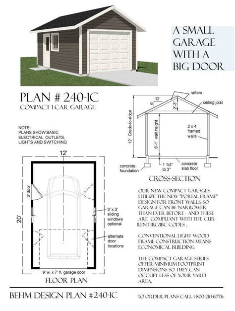 1 Car Compact Garage Plan with One Story 240-1C 12' x 20' | Shed plans, Diy shed plans, Garage plans