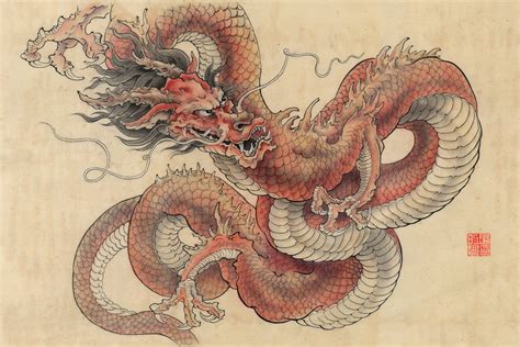 Red Dragon Poster - Fine Art Print Oriental original painting, signed and stamped en 2020 (con ...