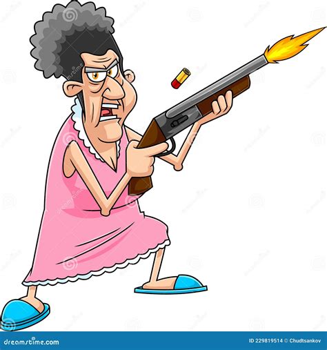 Angry Grandmother Cartoon Character Shooting With A Rifle Pump Vector ...