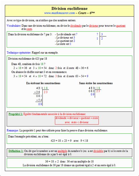 Cours sur la division euclidienne en sixième