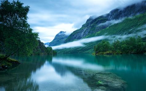 Western Norway, Loen lake surface, Scandinavian mountains, trees, fog ...