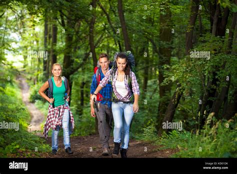 Active young people hiking in forest Stock Photo - Alamy