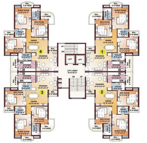 This apartment lay-out design in 4 unit for all floor, & 3 bed room, Kitchen, Din… | Residential ...