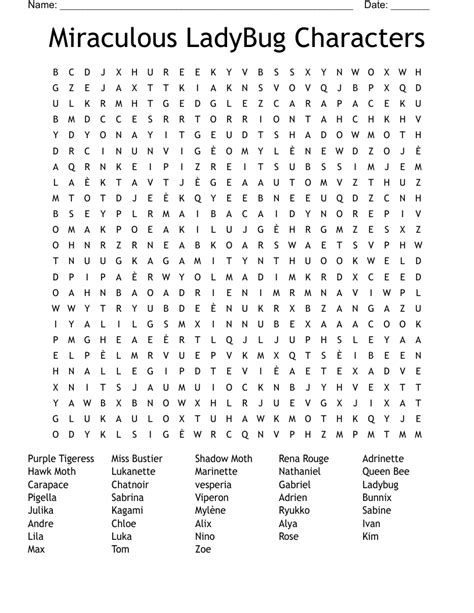 Miraculous LadyBug Characters Word Search - WordMint