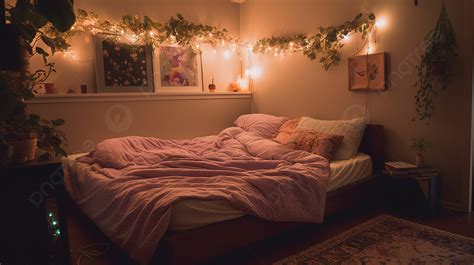 Bedroom Decorated With Plant Lights And A Bed Background, Aesthetic Bed Picture, Aesthetic ...