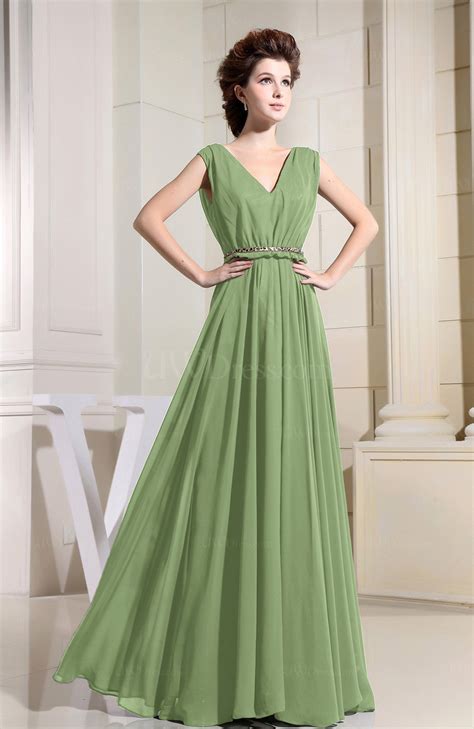 Sage Green Casual V-neck Sleeveless Chiffon Pleated Bridesmaid Dresses ...