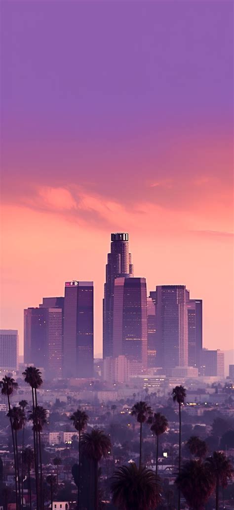 A minimalist aesthetic Los Angeles skyline wallpaper with royal violet ...