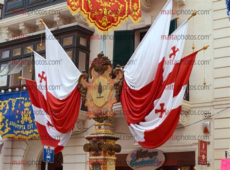 Mosta Street Decorations Feast Festa Banners Flags - Malta Photos