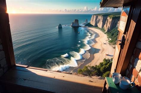 Premium AI Image | A view of the beach from the balcony of a hotel room.