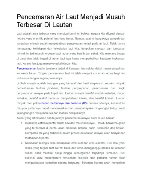 Pencemaran Air Laut Menjadi Musuh Terbesar Di Lautan | PDF