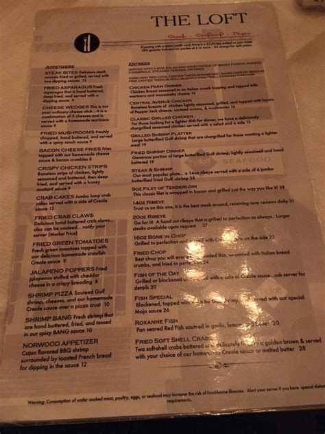 Menu at The Loft steakhouse, Laurel, 535 Central Ave