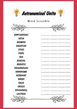 Astronomical Units : Word Scramble Challenge Worksheet - No Prep