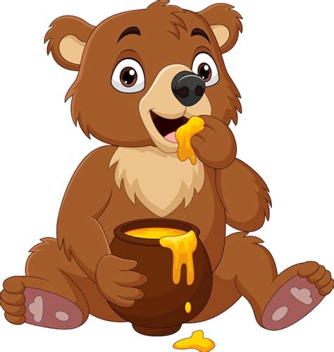 Premium Vector | Cartoon baby bear sitting and eating honey from the pot