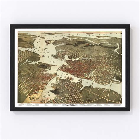 Norfolk Map 1891 Old Map of Norfolk Virginia Art Vintage Print Framed Canvas Bird's Eye View ...