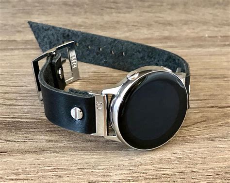 Black Leather Silver Samsung Galaxy Active Band, Silver Galaxy Watch Active2 Bracelet 40mm 44mm ...