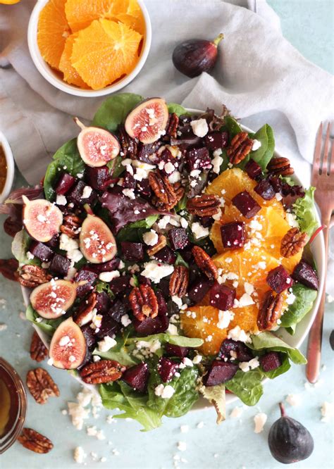 Beet Salad with Figs, Feta, Quick Candied Pecans, and Maple Orange Dressing