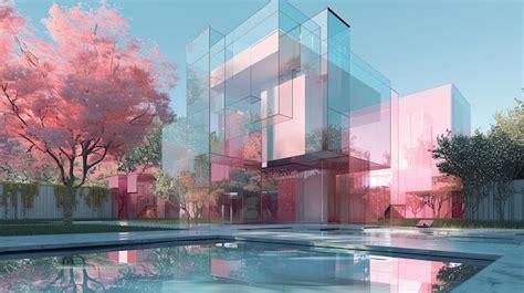 Premium Photo | The image is a beautiful 3D rendering of a modern glass house with a pink tint