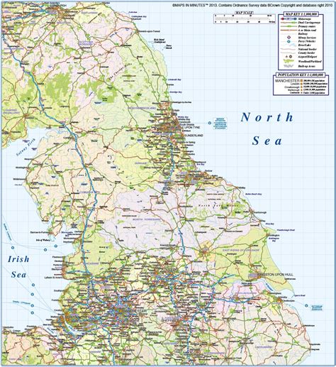 North England County Road & Rail map with Regular colour relief @1m ...